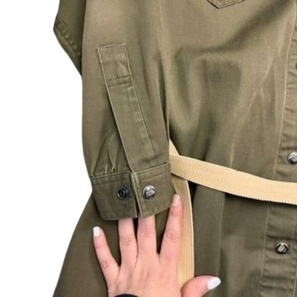 Liz Claiborne Shirt Dress Size L Olive Green Belted Snap Button Curved Hem Vtg - Picture 8 of 13